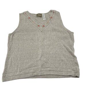 Liz Claiborne Lizwear XL Beige Sweater Tank Top V-Neck Floral Embroidery Linen